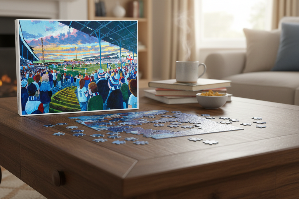 Burnden Park Bolton Wanderers 1000 piece jigsaw puzzle partially assembled on a table with box and mug of tea
