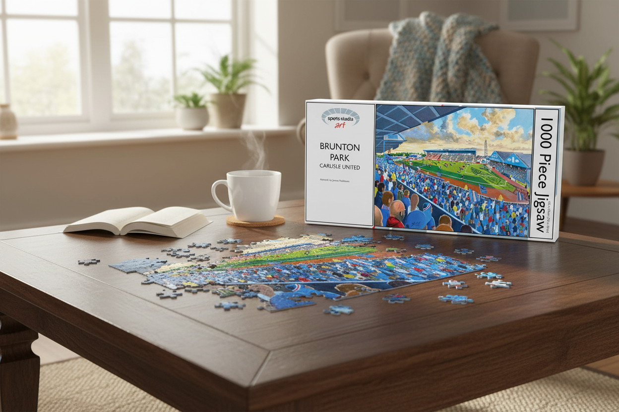 Brunton Park Carlisle United 1000 piece jigsaw puzzle partially assembled on a table with box and mug of tea