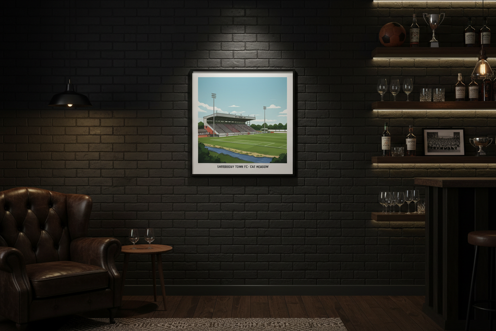 Shrewsbury Town FC Gay Meadow Stadium Wall Art A4 Print displayed in a moody man cave setting