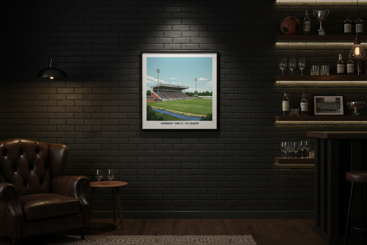 Shrewsbury Town FC Gay Meadow Stadium Wall Art A4 Print displayed in a moody man cave setting