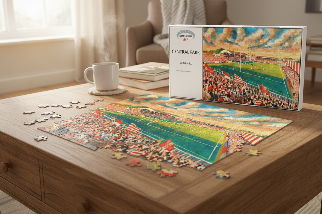 Central Park Wigan RL 1000 piece jigsaw puzzle partially assembled on a table with box and mug of tea