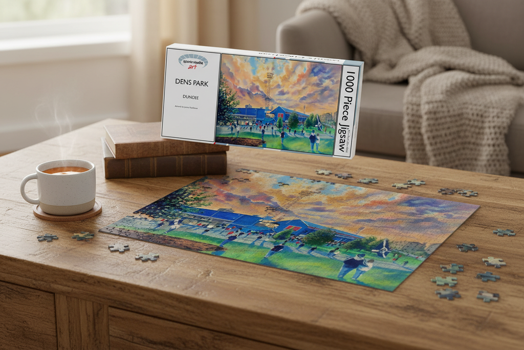 Dens Park Dundee FC exterior 1000 piece jigsaw puzzle partially assembled on a table with box and mug of tea