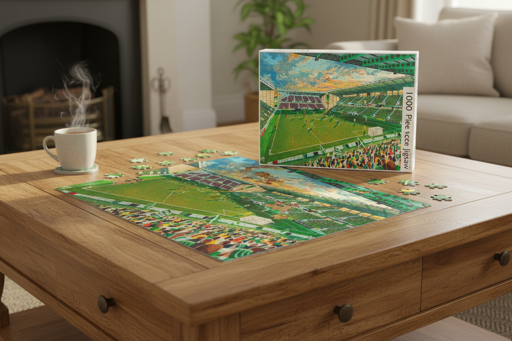 Easter Road Hibernian 1000 piece jigsaw puzzle partially assembled on a table with box and mug of tea