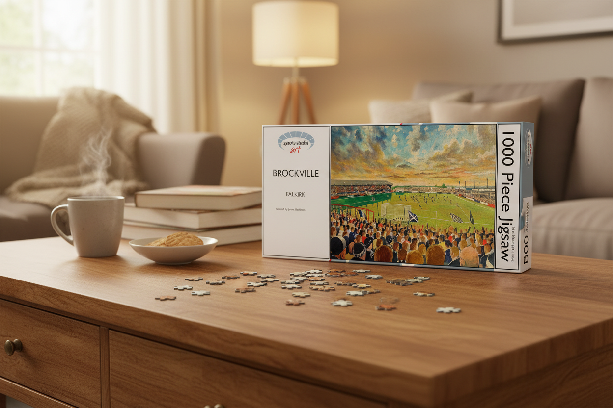 Brockville Falkirk 1000 piece jigsaw puzzle partially assembled on a table with box and mug of tea