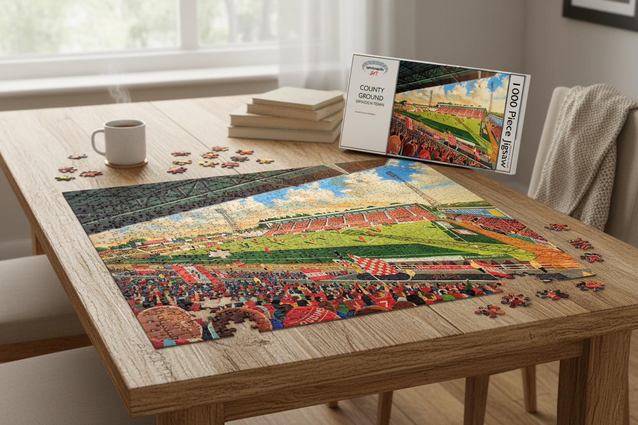 County Ground Swindon Town 1000 piece jigsaw puzzle partially assembled on a table with box and mug of tea