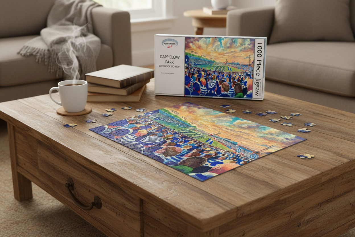 Cappielow Park Greenock Morton 1000 piece jigsaw puzzle partially assembled on a table with box and mug of tea