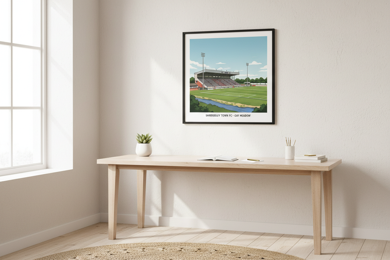 Shrewsbury Town FC Gay Meadow Stadium Wall Art A4 Print displayed in a bright study office setting