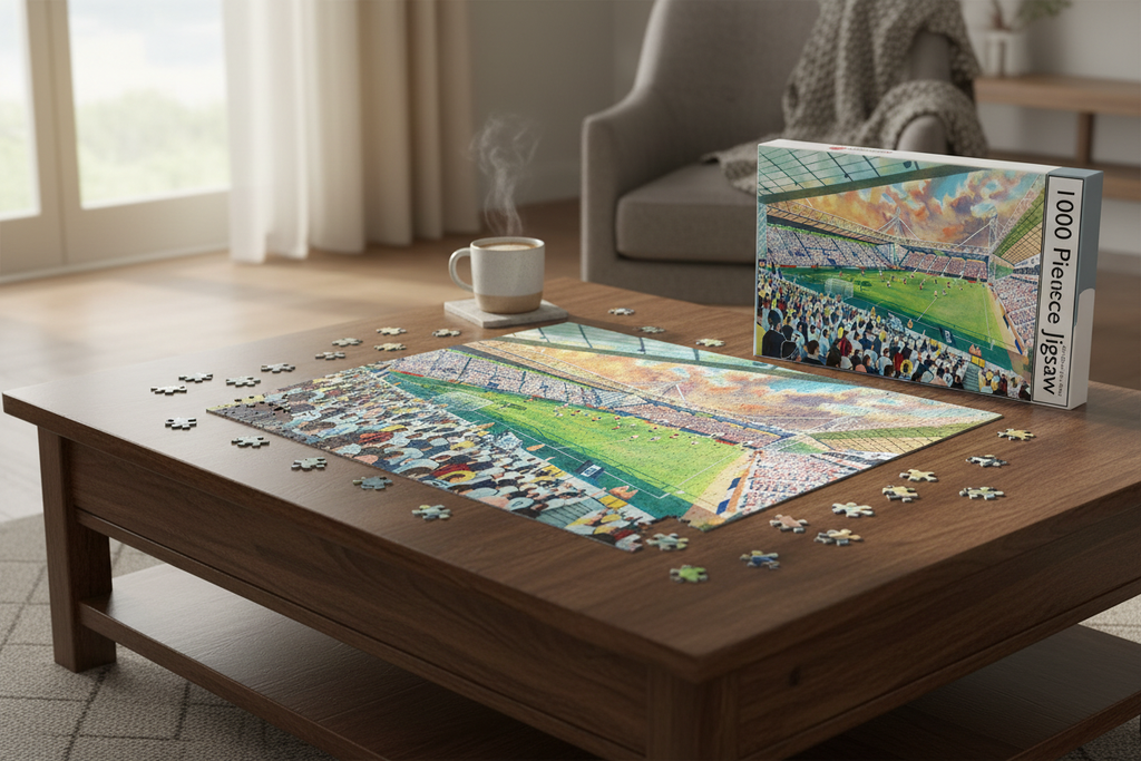 Deepdale Preston North End 1000 piece jigsaw puzzle partially assembled on a table with box and mug of tea