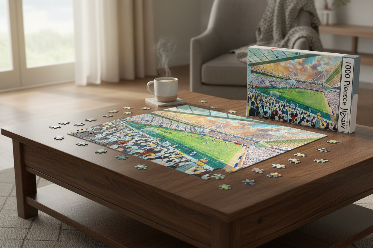 Deepdale Preston North End 1000 piece jigsaw puzzle partially assembled on a table with box and mug of tea