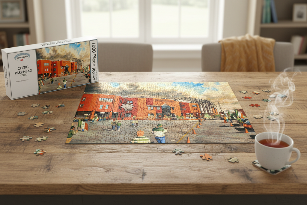 Celtic Parkhead exterior 1000 piece jigsaw puzzle partially assembled on a table with box and mug of tea