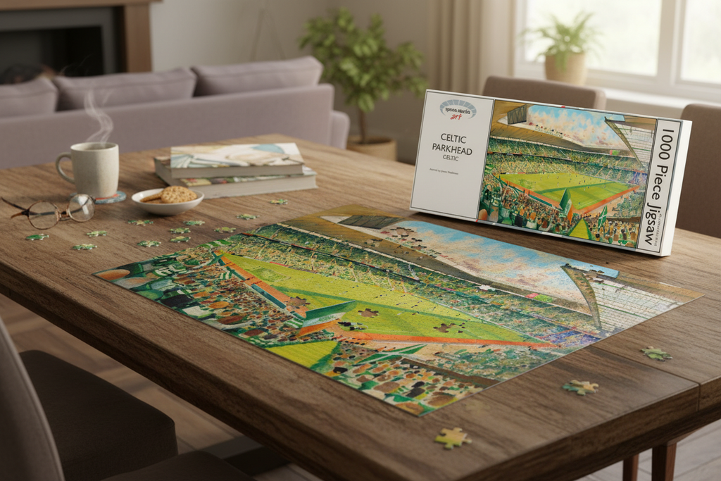 Celtic Parkhead 1000 piece jigsaw puzzle partially assembled on a table with box and mug of tea