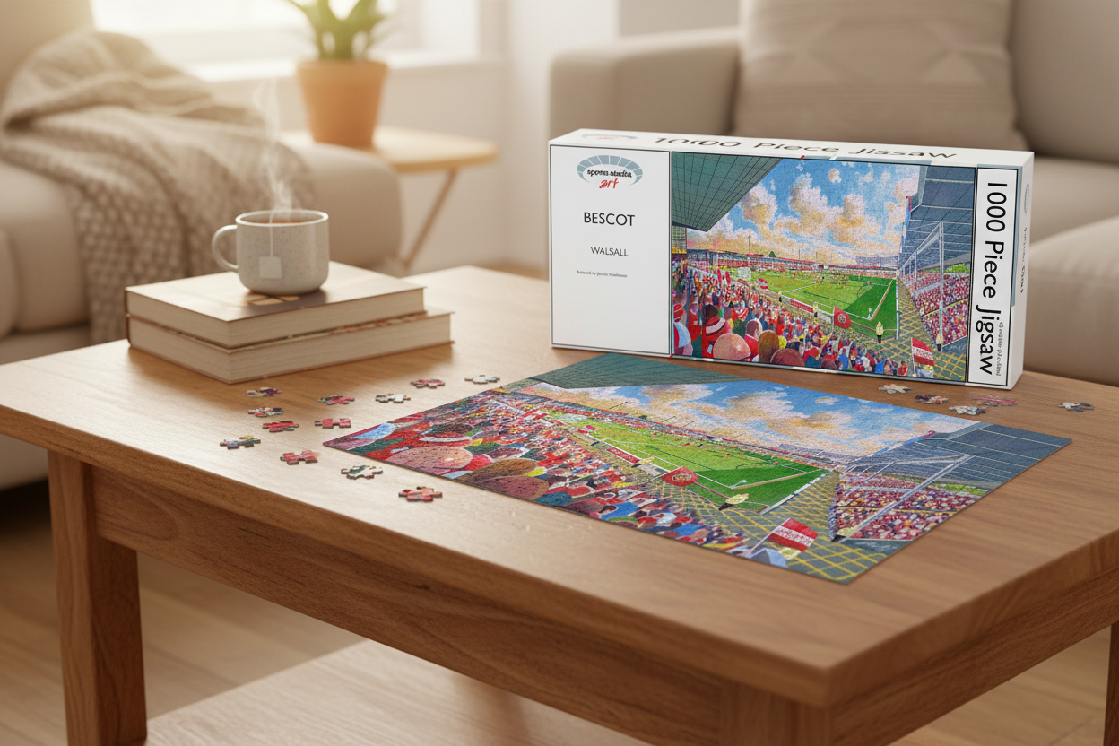 Bescot Stadium Walsall 1000 piece jigsaw puzzle partially assembled on a table with box and mug of tea
