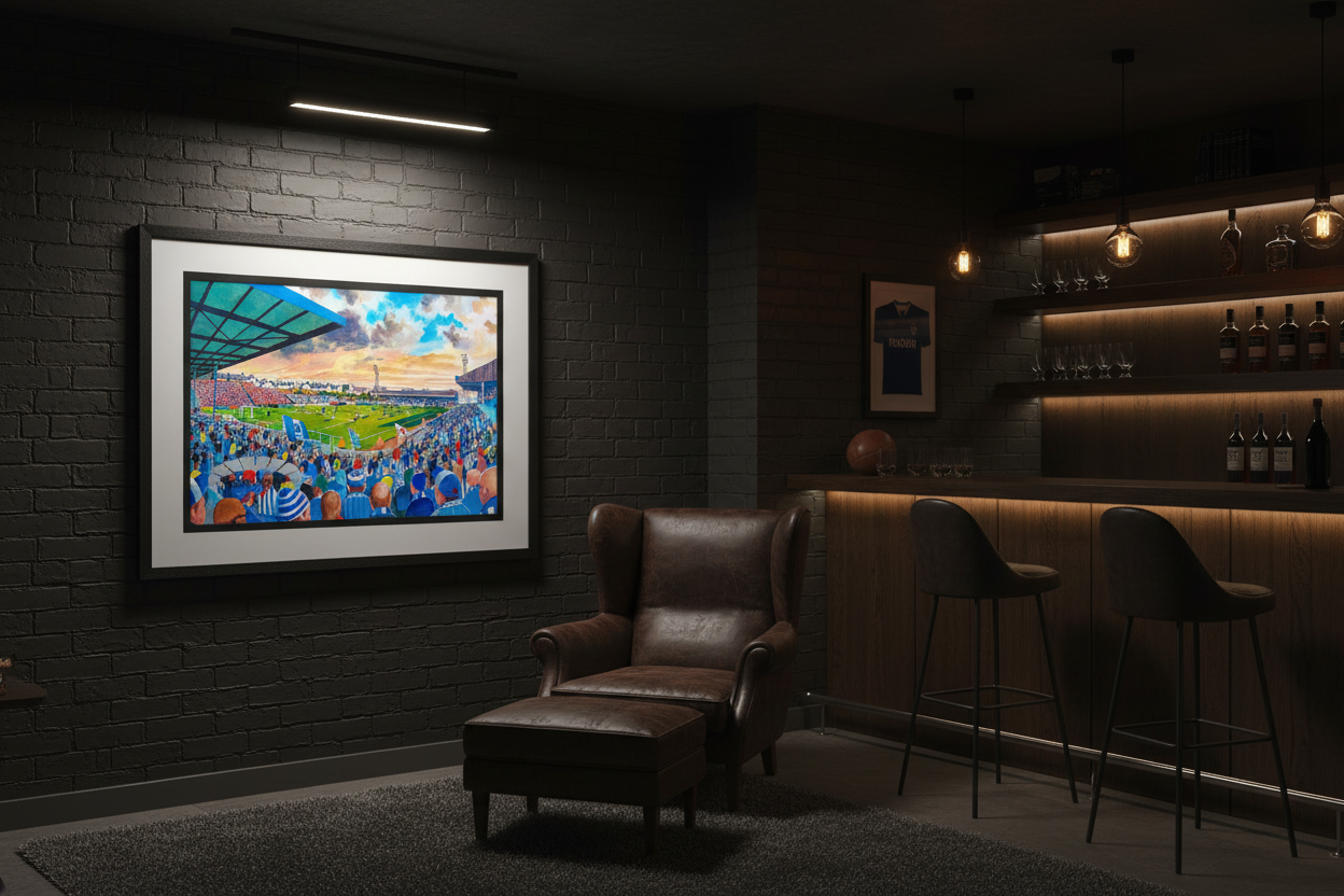 Brighton & Hove Albion Goldstone Ground Stadium Wall Art A4 Print displayed in a moody man cave setting