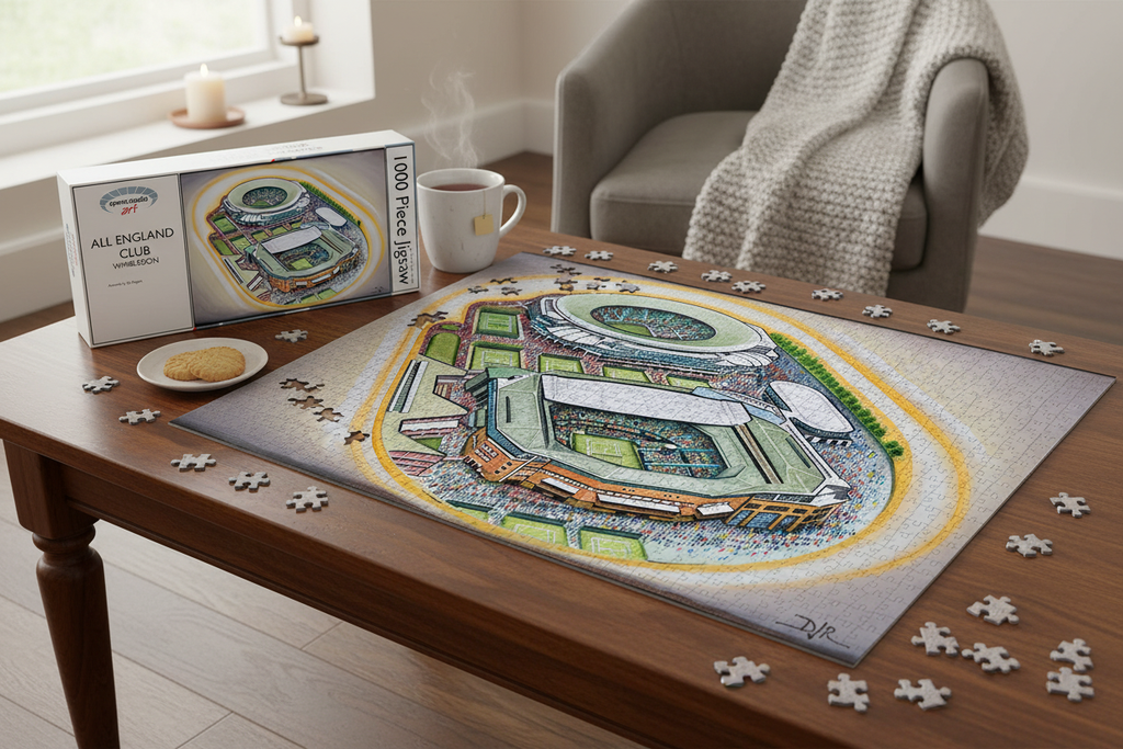 All England Club Wimbledon 1000 piece jigsaw puzzle partially assembled on a table with box and mug of tea